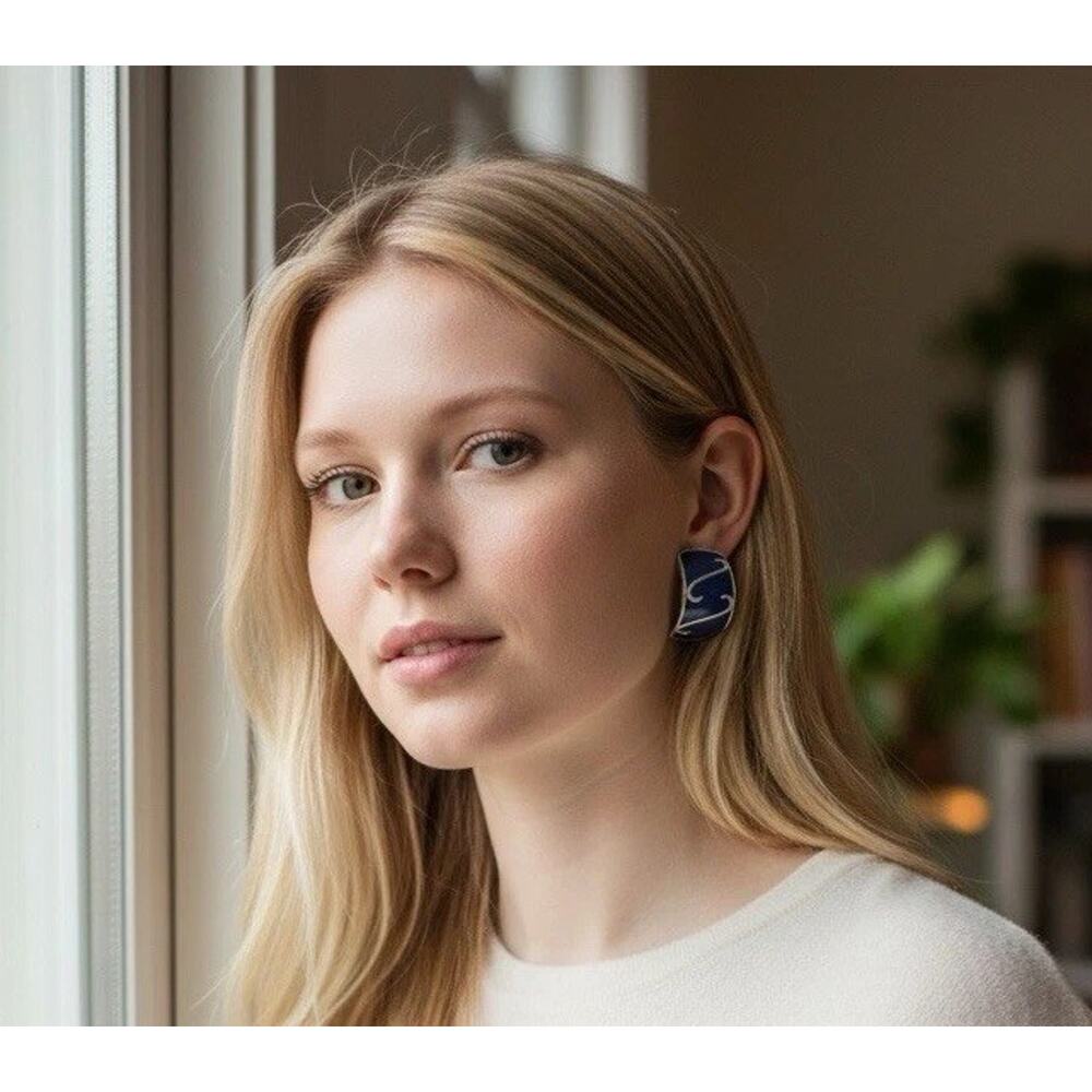 1.25” Blue Enameled Silver Tone Curled Drop Earrings